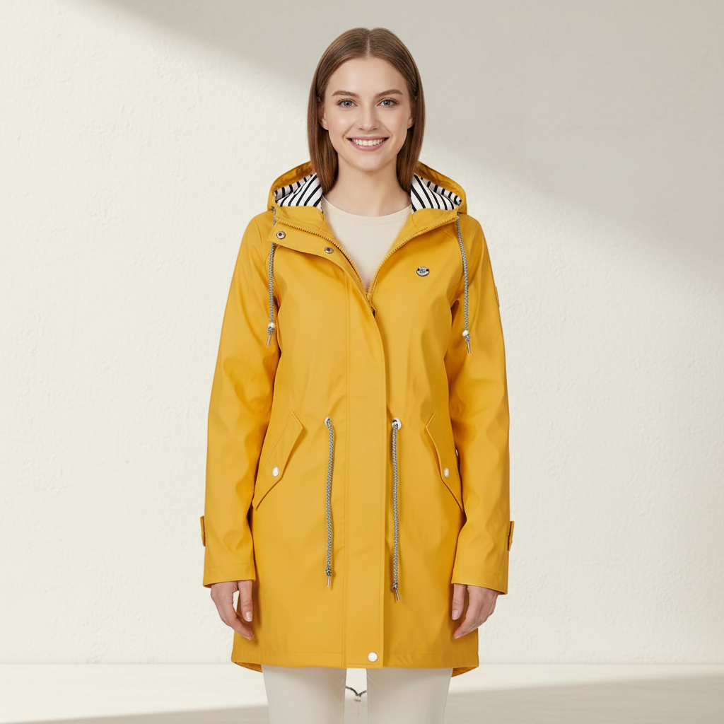 Yellow - A woman wearing a vibrant red mid-length raincoat with a striped hood lining, featuring a drawstring waist and snap-button details, set against a neutral background.