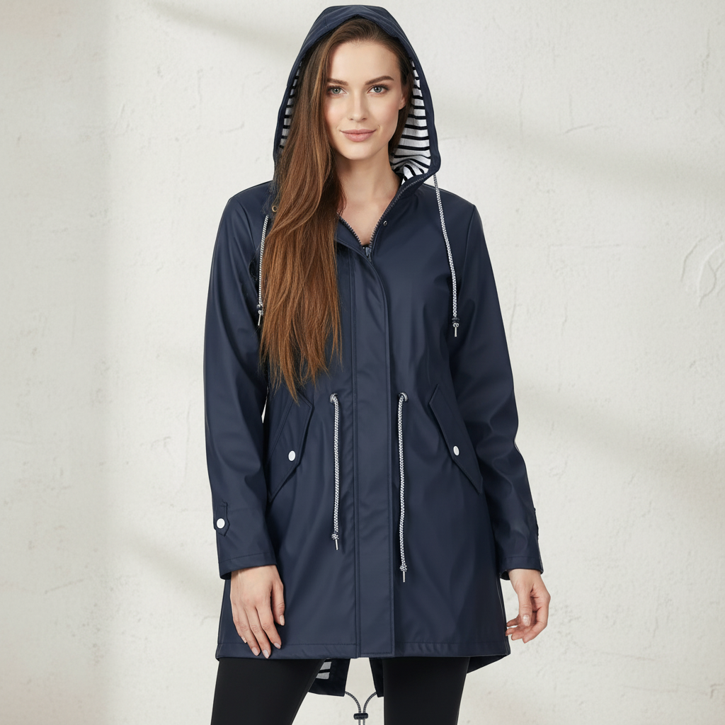 Dark Blue - A woman wearing a vibrant red mid-length raincoat with a striped hood lining, featuring a drawstring waist and snap-button details, set against a neutral background.