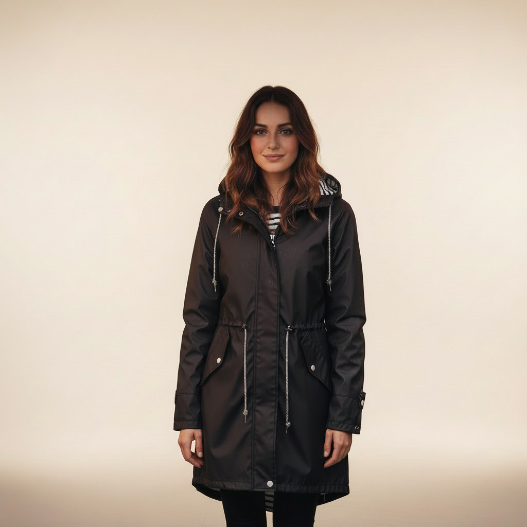 Dark Blue - A woman wearing a vibrant red mid-length raincoat with a striped hood lining, featuring a drawstring waist and snap-button details, set against a neutral background.