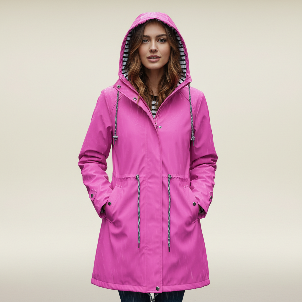 Pink - A woman wearing a vibrant red mid-length raincoat with a striped hood lining, featuring a drawstring waist and snap-button details, set against a neutral background.