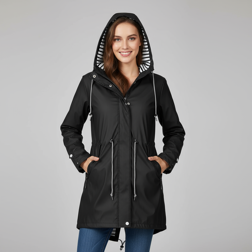 Black - A woman wearing a vibrant red mid-length raincoat with a striped hood lining, featuring a drawstring waist and snap-button details, set against a neutral background.