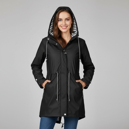 Black - A woman wearing a vibrant red mid-length raincoat with a striped hood lining, featuring a drawstring waist and snap-button details, set against a neutral background.