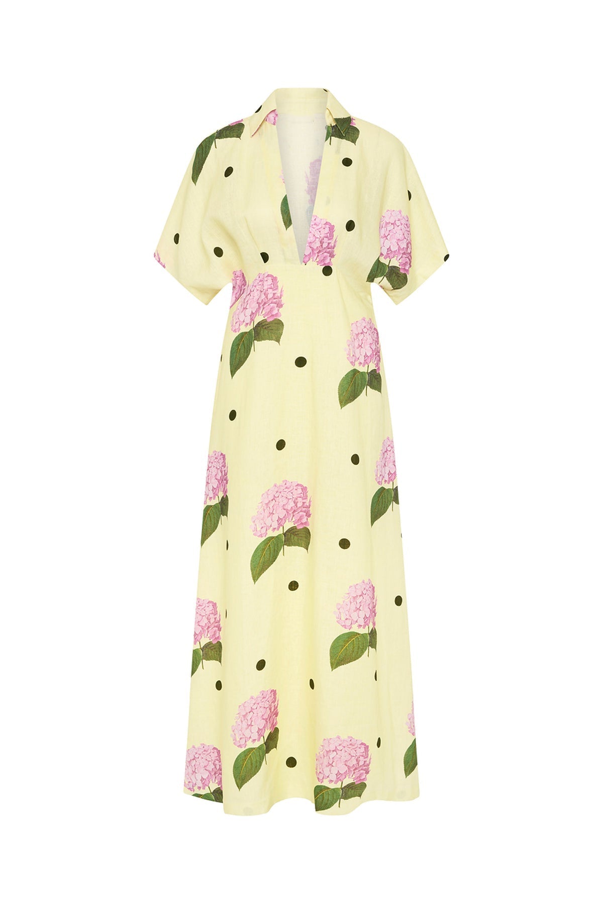 Yellow - Women's pale yellow maxi dress featuring a deep V-neck collar, short sleeves, and a vibrant pink floral and dark polka dot print.