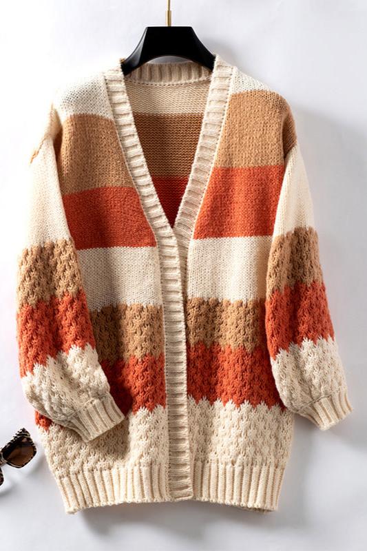 Orange - Women's relaxed-fit open-front knit cardigan featuring colour-blocked stripes in white, tan, and coral with pointelle detailing and ribbed trims.