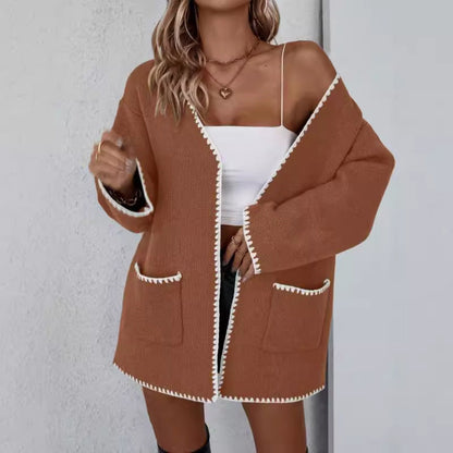 Caramel - Women's mid-length, open-front knit cardigan featuring an oversized fit, drop shoulders, front patch pockets, and decorative contrast stitching along the edges.