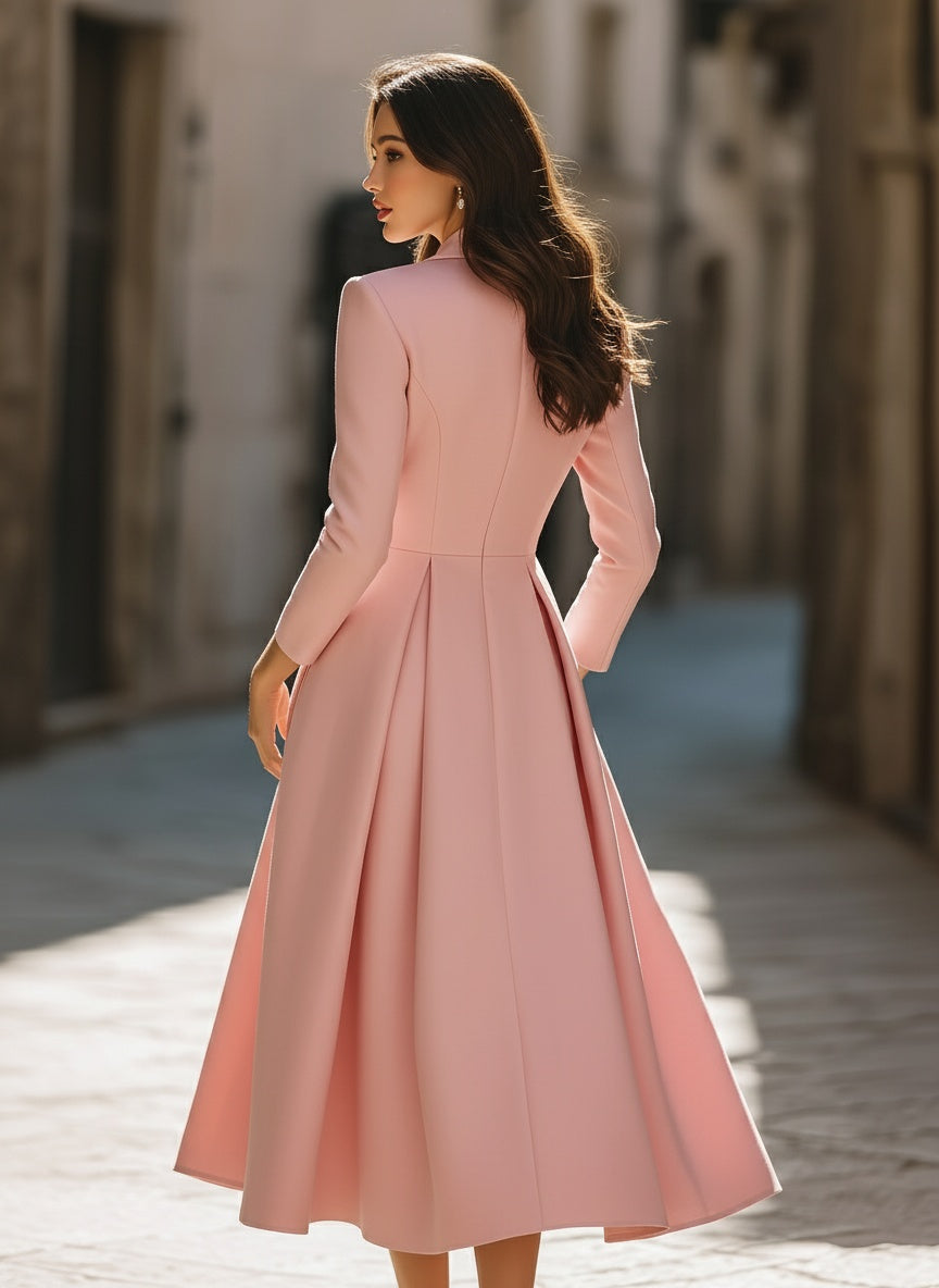 Pink - Pink long sleeve pleated blazer midi dress with tailored collar and A-line skirt.
