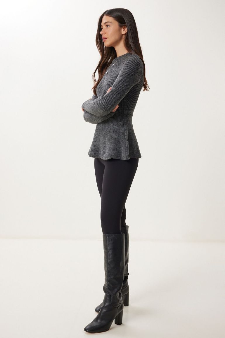 Charcoal - Women's grey long-sleeve ribbed knit sweater featuring a crew neckline and a flared peplum hem.