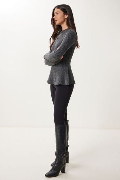 Charcoal - Women's grey long-sleeve ribbed knit sweater featuring a crew neckline and a flared peplum hem.