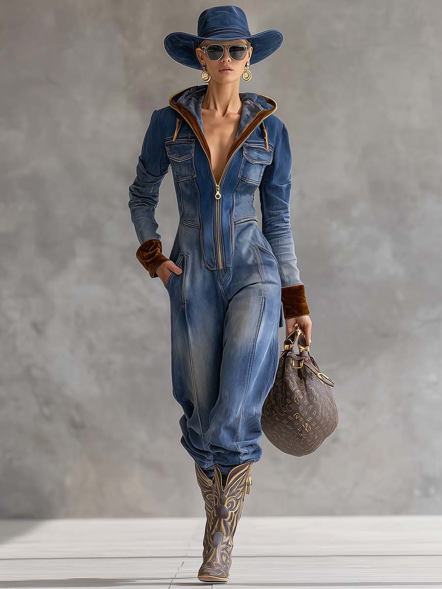 Blue - Woman wearing a long sleeve heavy denim utility jumpsuit featuring a zip front, hood, and contrasting velvet trim on the cuffs.