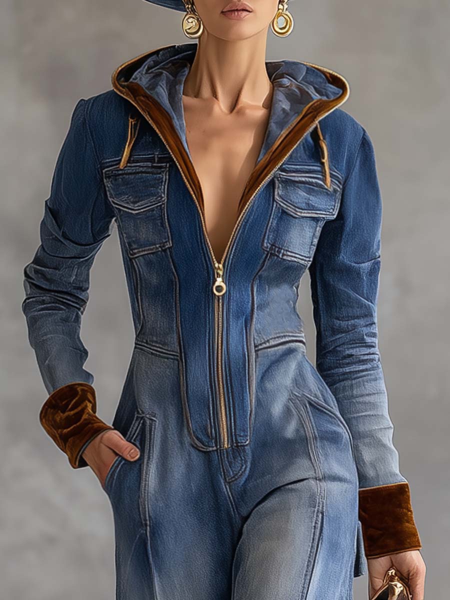 Blue - Woman wearing a long sleeve heavy denim utility jumpsuit featuring a zip front, hood, and contrasting velvet trim on the cuffs.