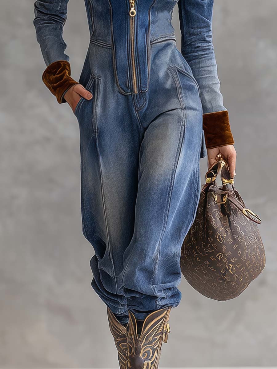 Blue - Woman wearing a long sleeve heavy denim utility jumpsuit featuring a zip front, hood, and contrasting velvet trim on the cuffs.