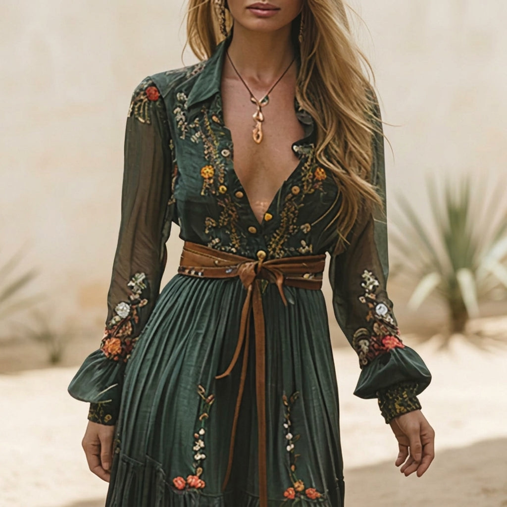 A woman wearing a dark green embroidered chiffon maxi dress with long balloon sleeves, a collared deep V-neckline, and a tiered pleated skirt, accessorised with a brown tie belt.