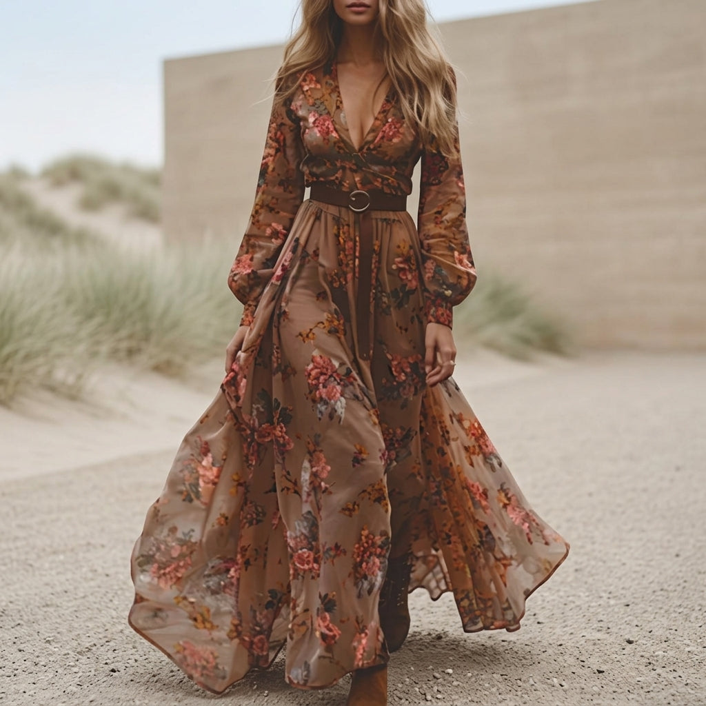 Dark Brown - A woman wearing a dark green embroidered chiffon maxi dress with long balloon sleeves, a collared deep V-neckline, and a tiered pleated skirt, accessorised with a brown tie belt.