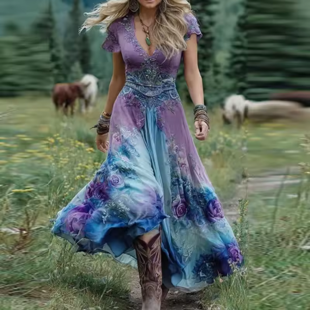 Blue - A woman walks through a grassy field wearing a bohemian-style maxi dress featuring a purple embroidered lace V-neck bodice and a flowing sage green skirt with purple floral prints.