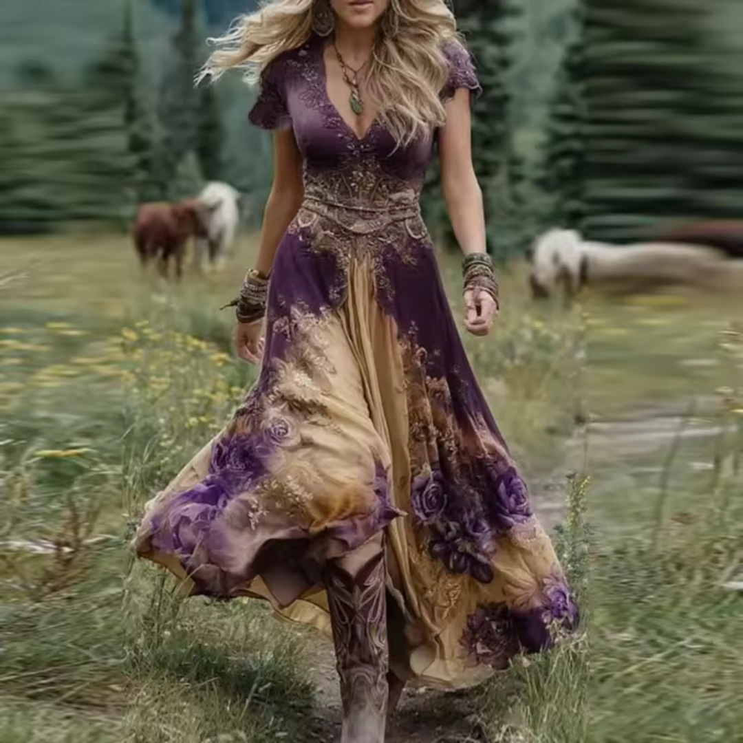 Purple - A woman walks through a grassy field wearing a bohemian-style maxi dress featuring a purple embroidered lace V-neck bodice and a flowing sage green skirt with purple floral prints.