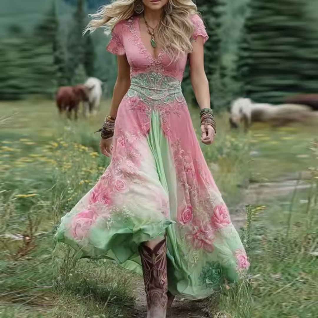 Pink - A woman walks through a grassy field wearing a bohemian-style maxi dress featuring a purple embroidered lace V-neck bodice and a flowing sage green skirt with purple floral prints.