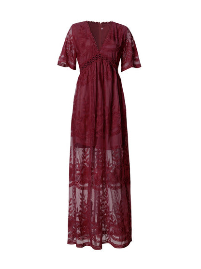 White - Women's resort maxi dress featuring a deep V-neckline, short flutter sleeves, and intricate floral lace embroidery on a sheer overlay with a partial lining.
