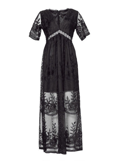 Black - Women's resort maxi dress featuring a deep V-neckline, short flutter sleeves, and intricate floral lace embroidery on a sheer overlay with a partial lining.