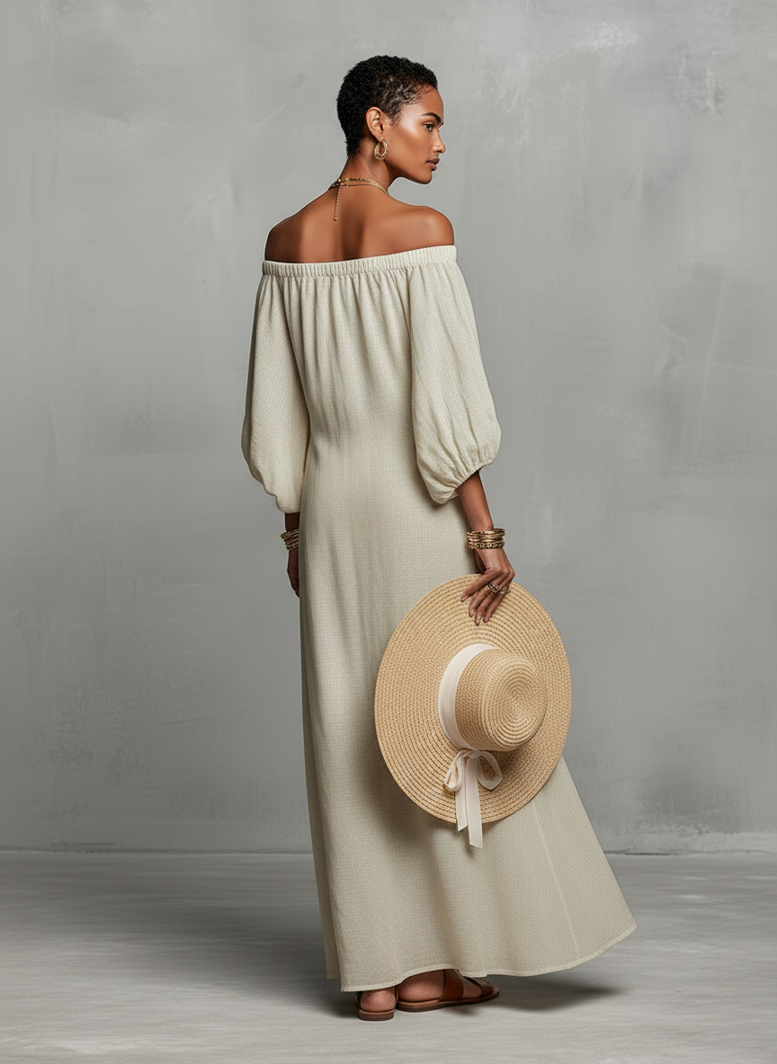 Photo Color - A woman wearing an off-the-shoulder cream linen maxi dress with tonal chest embroidery and puff sleeves, holding a wide-brim straw hat.