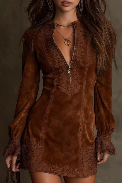 Brown - Woman wearing a fitted suede-like long-sleeve mini dress featuring tonal embroidery, a zip-front V-neckline, and flared lace-trimmed cuffs.