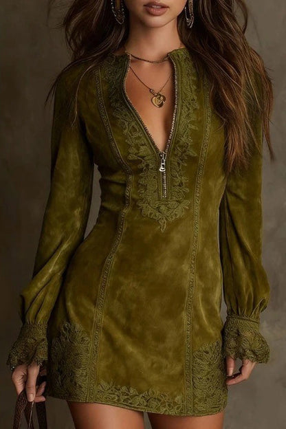 Green - Woman wearing a fitted suede-like long-sleeve mini dress featuring tonal embroidery, a zip-front V-neckline, and flared lace-trimmed cuffs.