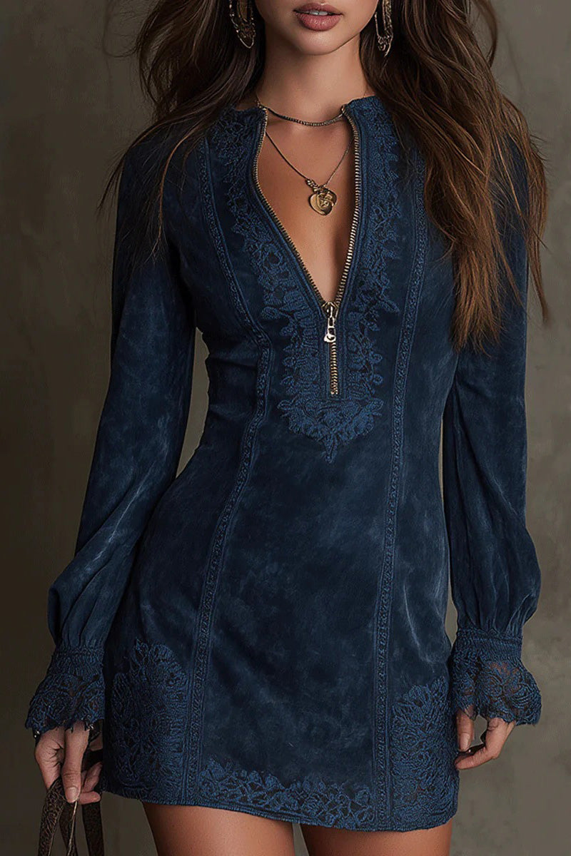 Blue - Woman wearing a fitted suede-like long-sleeve mini dress featuring tonal embroidery, a zip-front V-neckline, and flared lace-trimmed cuffs.
