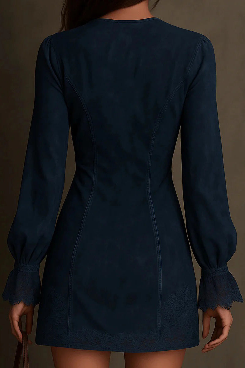 Blue - Woman wearing a fitted suede-like long-sleeve mini dress featuring tonal embroidery, a zip-front V-neckline, and flared lace-trimmed cuffs.