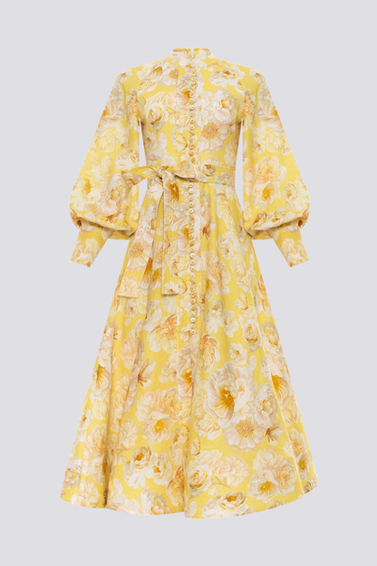 Yellow - A woman wearing a yellow and white floral print maxi dress with long balloon sleeves, a high neckline, button-front detailing, and a self-tie waist.