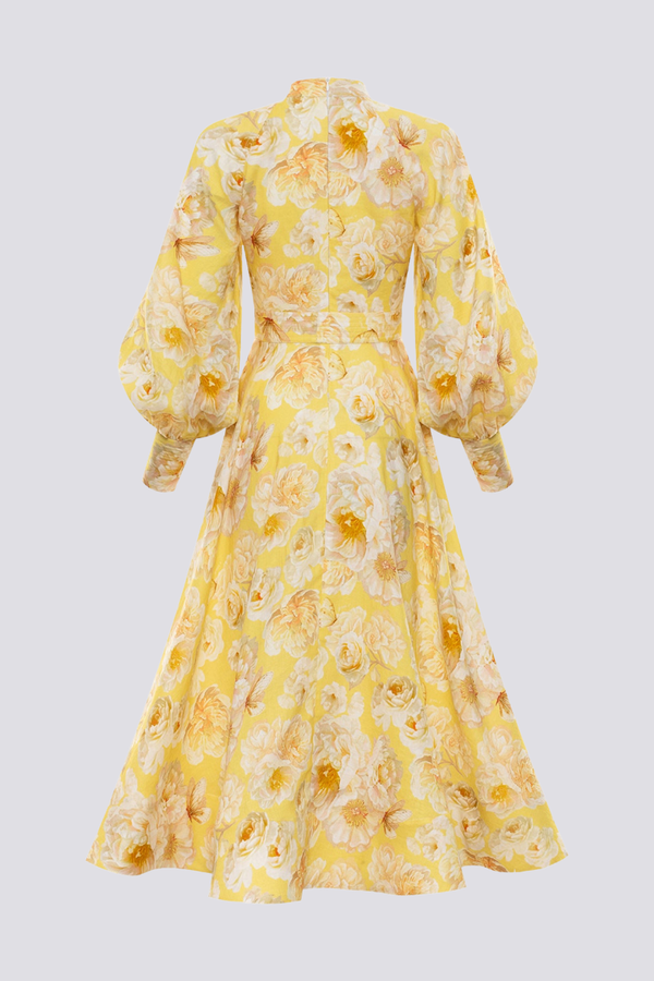 Yellow - A woman wearing a yellow and white floral print maxi dress with long balloon sleeves, a high neckline, button-front detailing, and a self-tie waist.