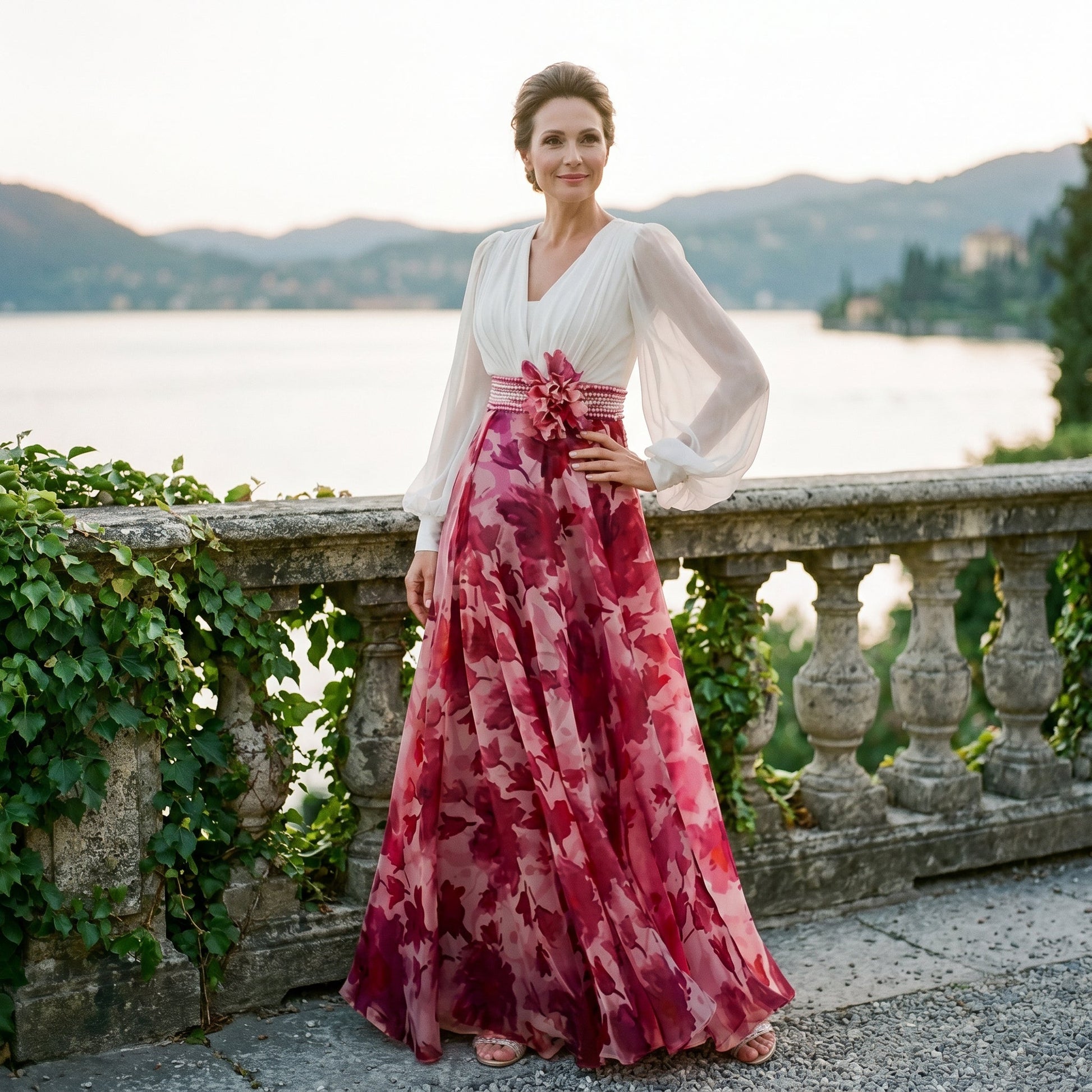 White&Wine Red - A woman posing in a floor-length navy and white floral chiffon maxi dress featuring a deep V-neckline, sheer balloon sleeves, and a 3D floral applique at the waist.