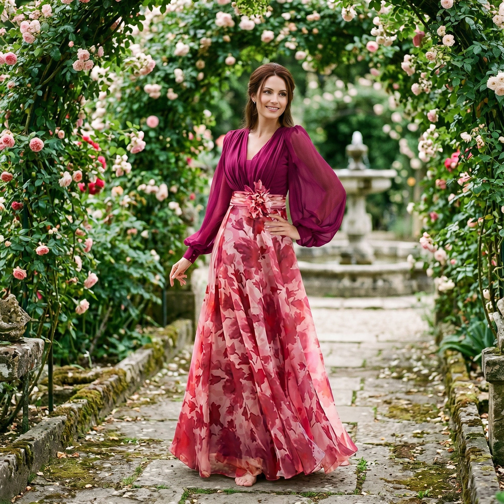 White&Wine Red - A woman posing in a floor-length navy and white floral chiffon maxi dress featuring a deep V-neckline, sheer balloon sleeves, and a 3D floral applique at the waist.
