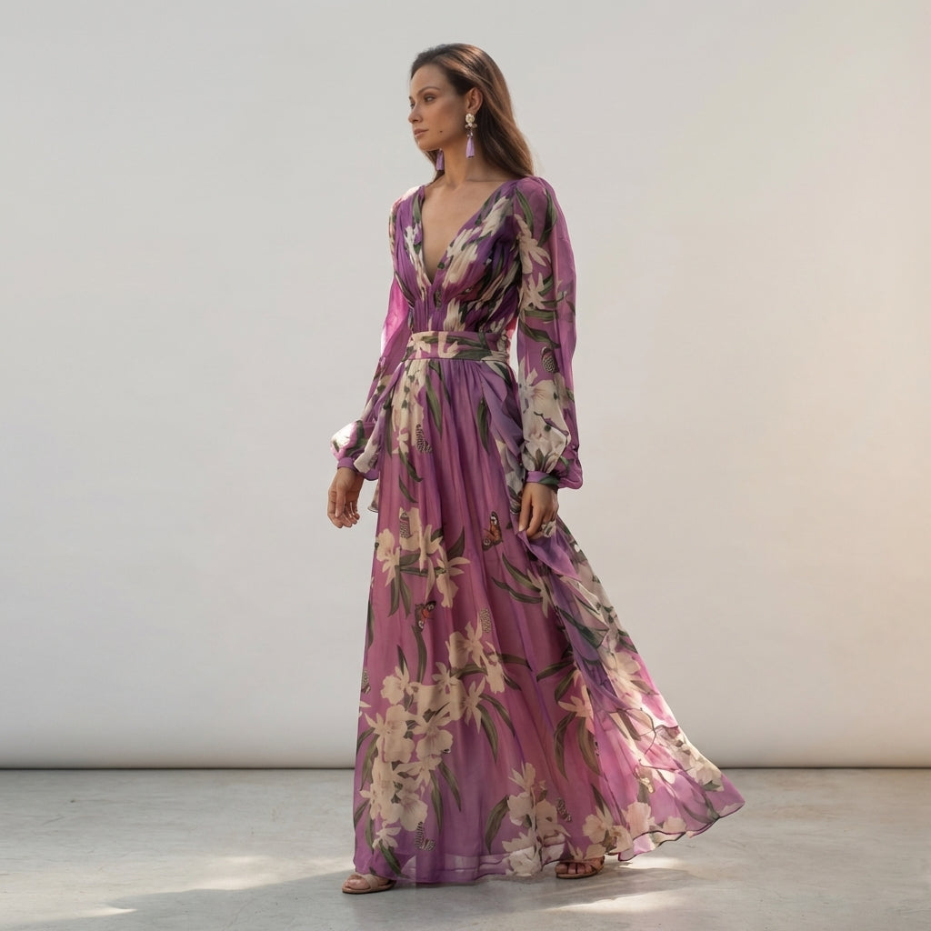A woman stands wearing a floor-length lavender maxi dress made of sheer floral and butterfly print chiffon, featuring a deep V-neckline, pleated bodice, and long blouson sleeves.