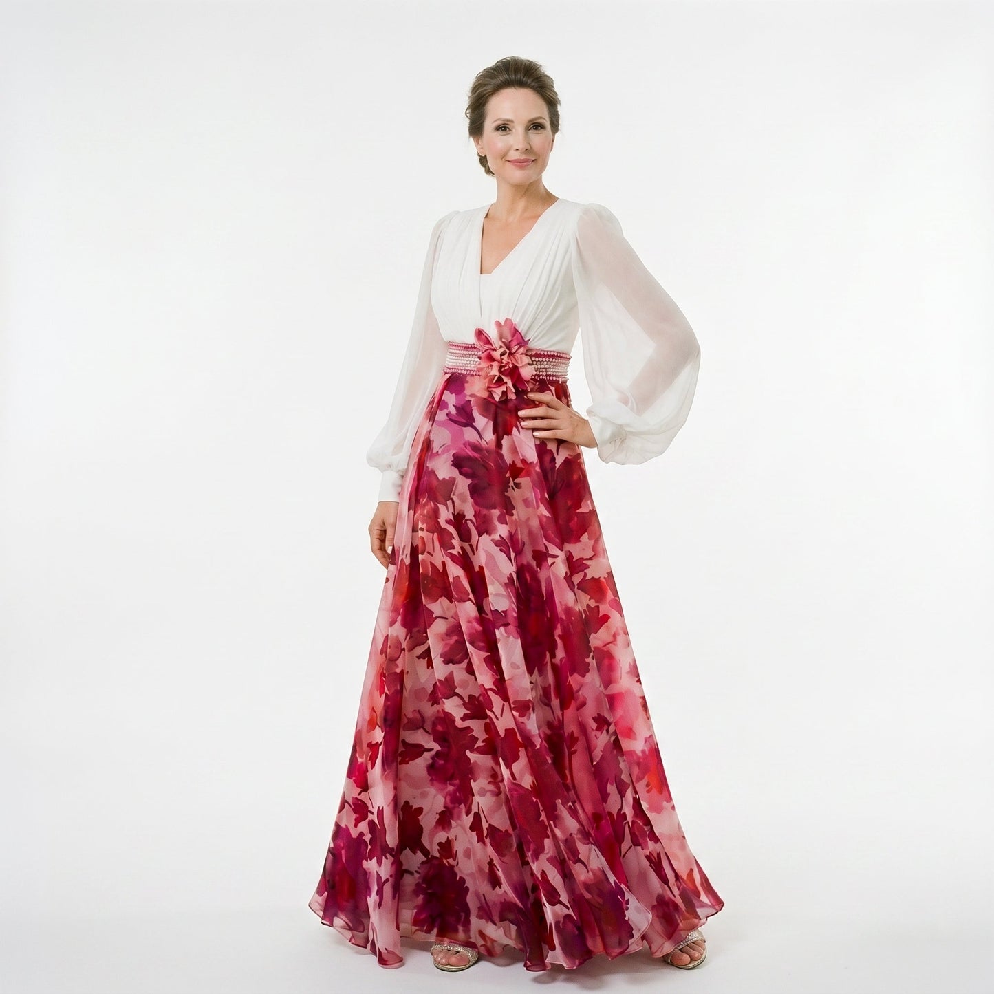 White&Wine Red - A woman posing in a floor-length navy and white floral chiffon maxi dress featuring a deep V-neckline, sheer balloon sleeves, and a 3D floral applique at the waist.