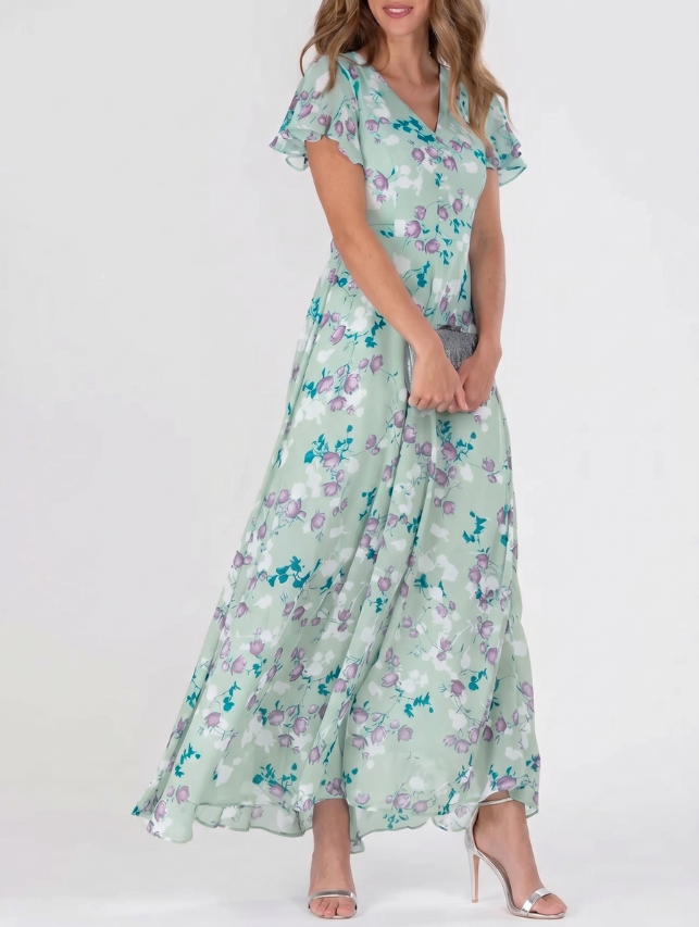 Green - Women's light blue maxi dress featuring a white and grey floral print, V-neckline, short flutter sleeves, and a flowing sheer overlay skirt.
