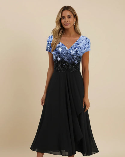 Blue Black - Women's formal A-line midi dress featuring a blue-to-black floral gradient V-neck bodice and a flowing black sheer overlay skirt.