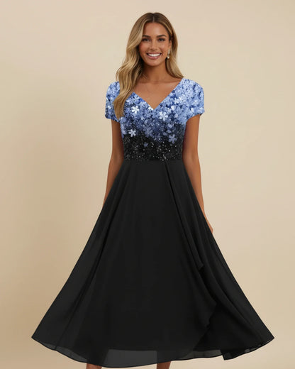 Blue Black - Women's formal A-line midi dress featuring a blue-to-black floral gradient V-neck bodice and a flowing black sheer overlay skirt.