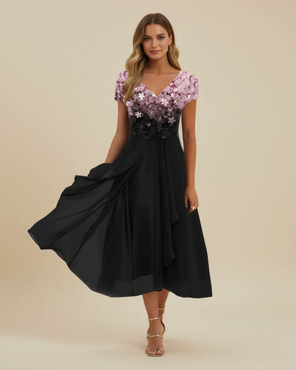 Pink Black - Women's formal A-line midi dress featuring a blue-to-black floral gradient V-neck bodice and a flowing black sheer overlay skirt.
