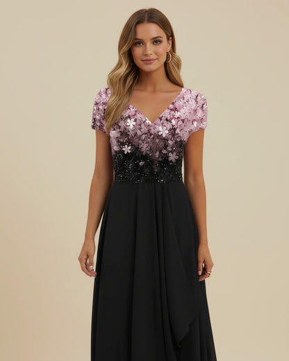 Pink Black - Women's formal A-line midi dress featuring a blue-to-black floral gradient V-neck bodice and a flowing black sheer overlay skirt.