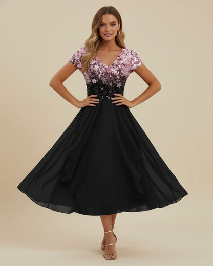 Pink Black - Women's formal A-line midi dress featuring a blue-to-black floral gradient V-neck bodice and a flowing black sheer overlay skirt.