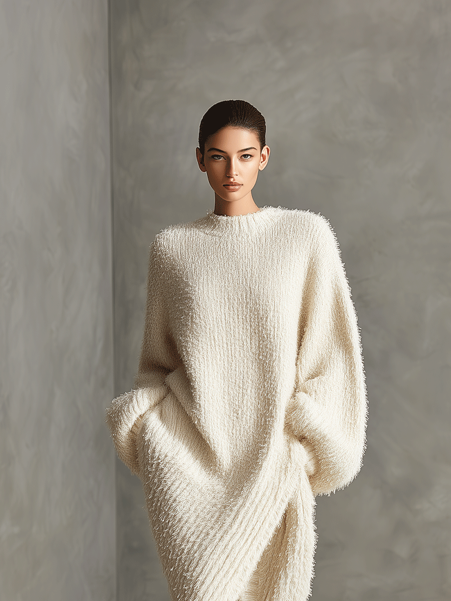 Cream - A woman wearing an oversized, cream-coloured fluffy knit midi dress with a high neckline, long voluminous sleeves, and an asymmetric draped wrap hemline.