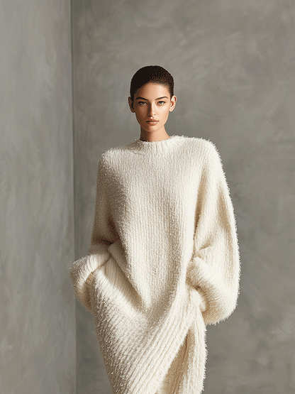 Cream - A woman wearing an oversized, cream-coloured fluffy knit midi dress with a high neckline, long voluminous sleeves, and an asymmetric draped wrap hemline.