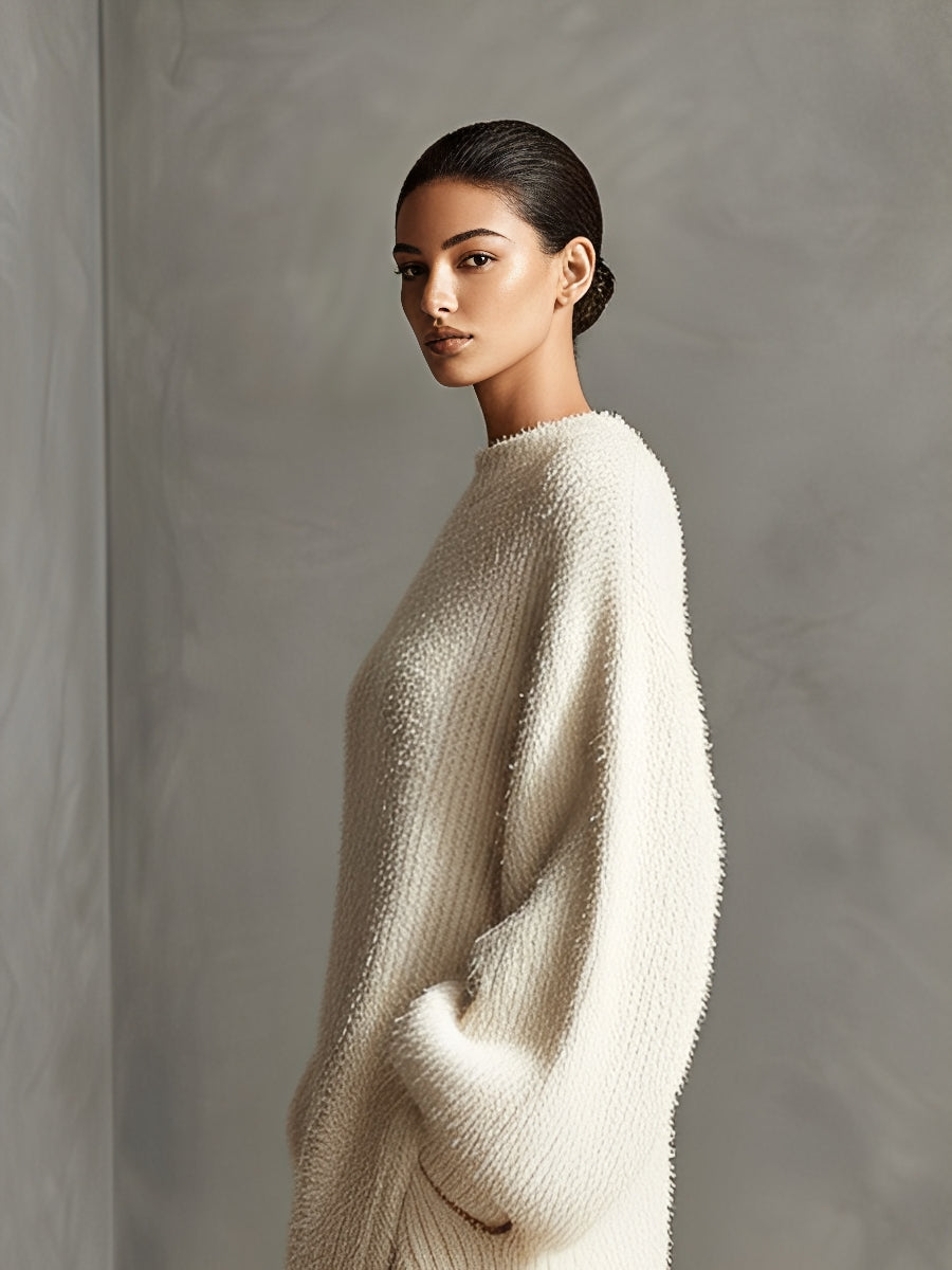 Cream - A woman wearing an oversized, cream-coloured fluffy knit midi dress with a high neckline, long voluminous sleeves, and an asymmetric draped wrap hemline.