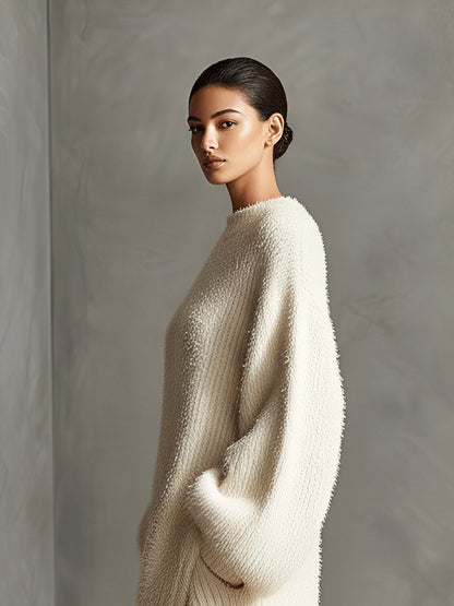 Cream - A woman wearing an oversized, cream-coloured fluffy knit midi dress with a high neckline, long voluminous sleeves, and an asymmetric draped wrap hemline.