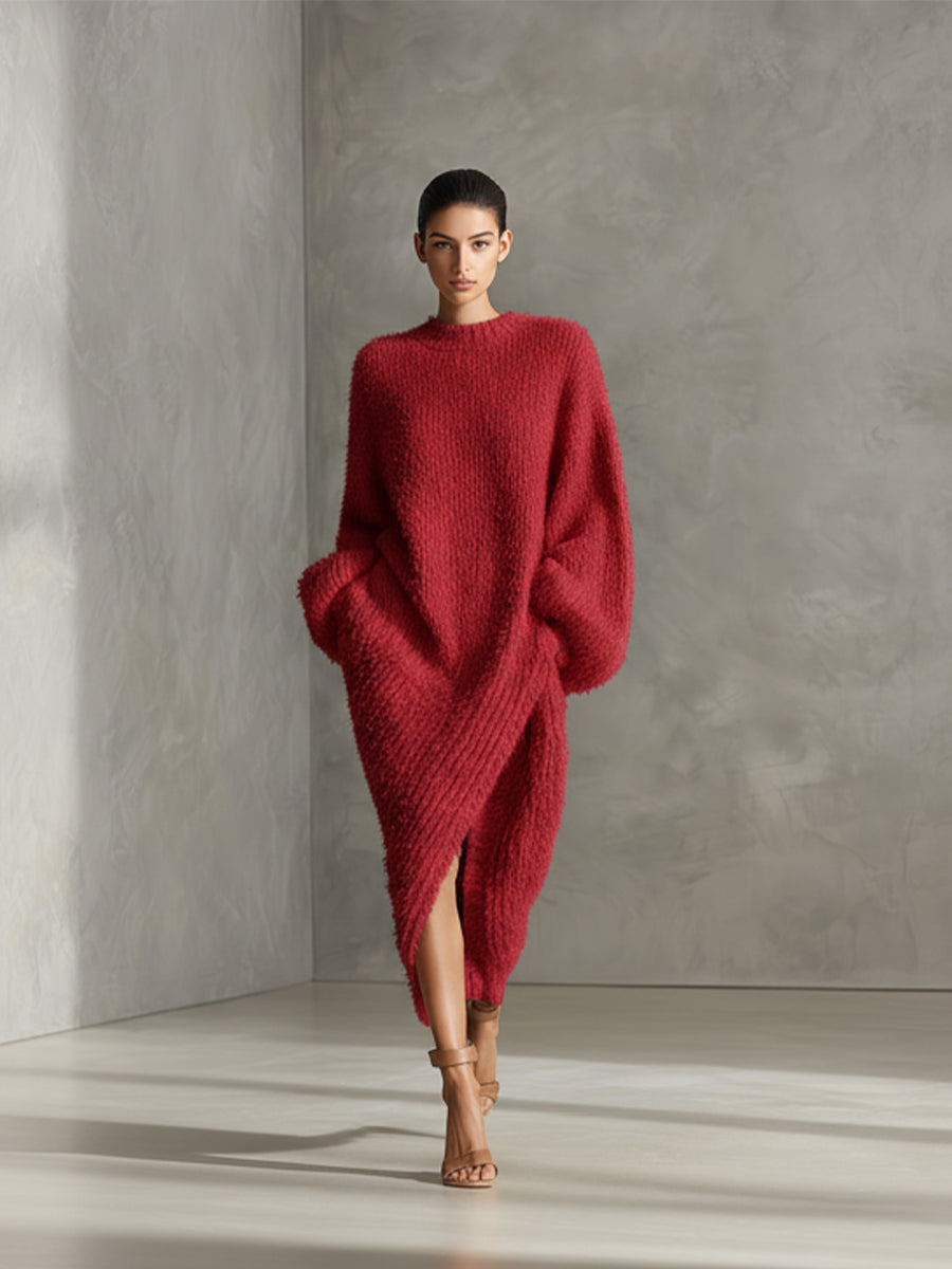 Red - A woman wearing an oversized, cream-coloured fluffy knit midi dress with a high neckline, long voluminous sleeves, and an asymmetric draped wrap hemline.