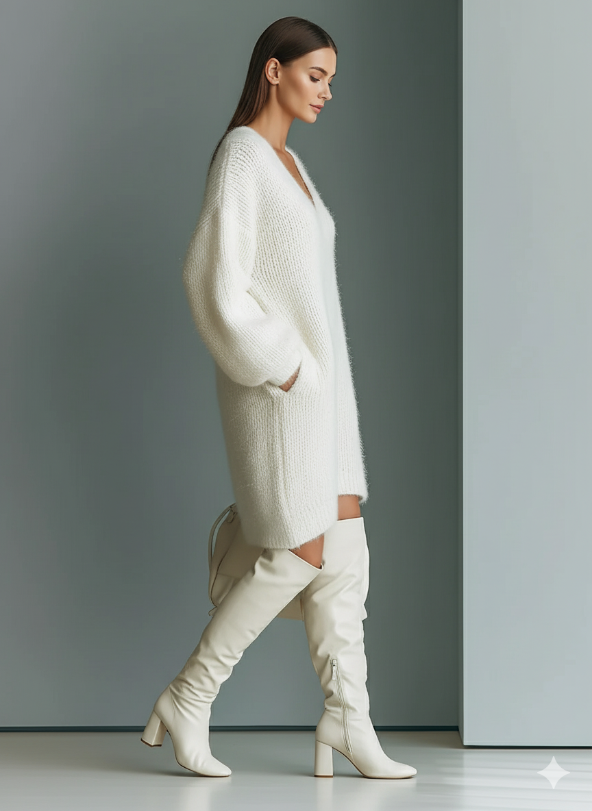 White - A model wearing an oversized, fluffy off-white knit mini dress with a V-neckline and drop-shoulder long sleeves, styled with cream over-the-knee leather boots and a matching cream leather handbag.