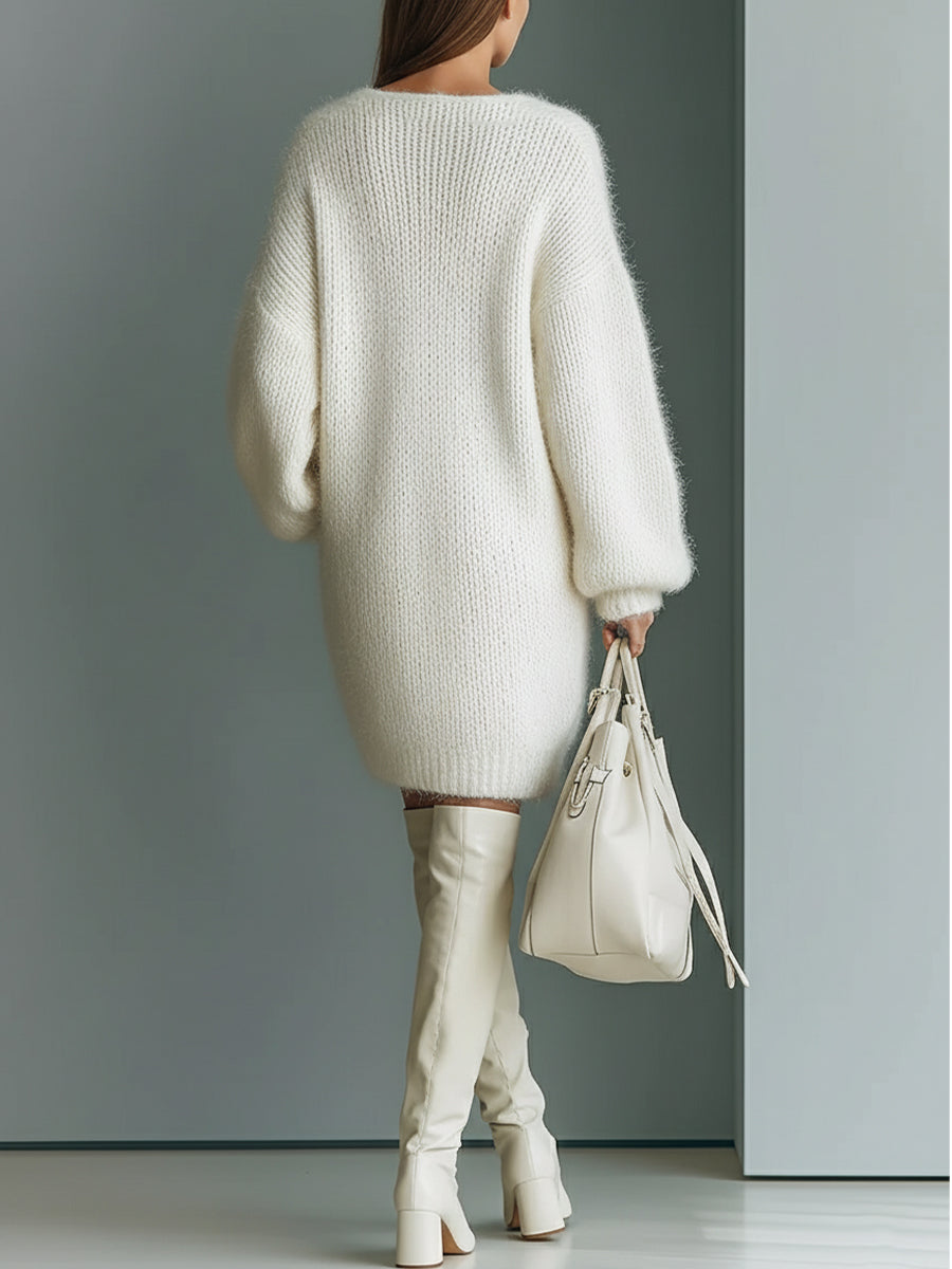 White - A model wearing an oversized, fluffy off-white knit mini dress with a V-neckline and drop-shoulder long sleeves, styled with cream over-the-knee leather boots and a matching cream leather handbag.