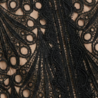 Black - A woman wearing a black geometric lace midi dress with a high neck, short sleeves, and a defined waist, featuring a nude lining and scalloped hem.