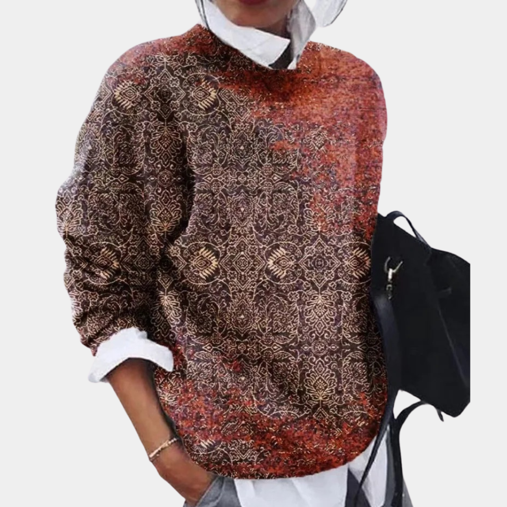 Black - Women's relaxed fit long sleeve top featuring an intricate geometric patchwork print, styled over a white collared shirt.