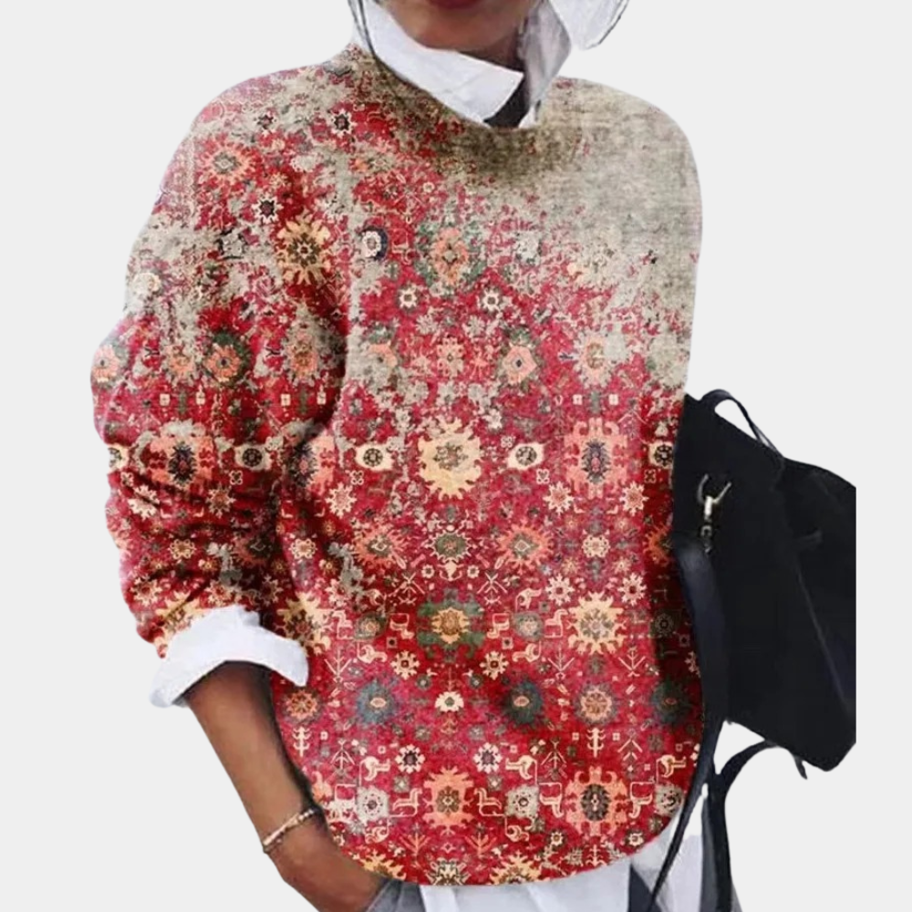 Red - Women's relaxed fit long sleeve top featuring an intricate geometric patchwork print, styled over a white collared shirt.