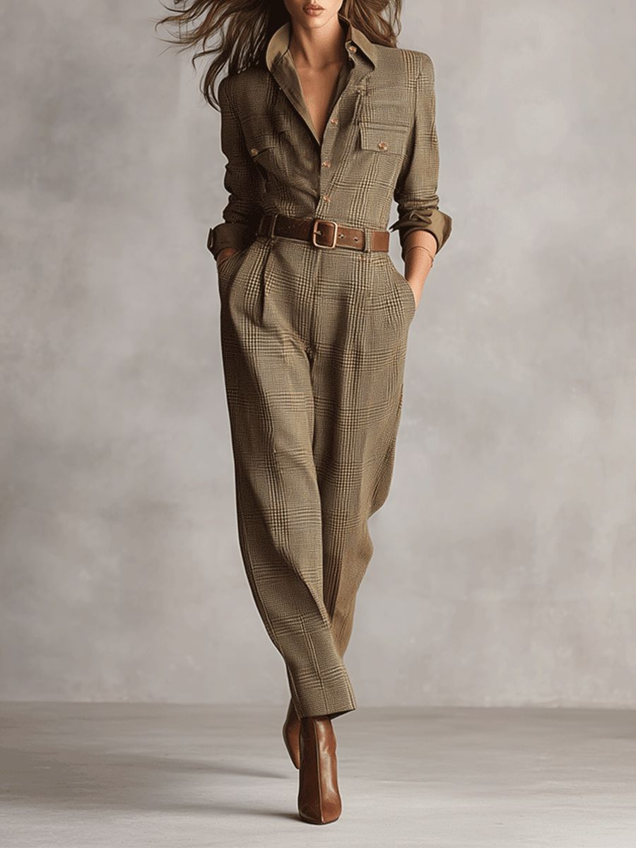 Brown - A woman wearing a tailored, long-sleeve glen plaid jumpsuit in olive and brown tones, featuring a point collar, button-front closure, utility pockets, and pleated tapered trousers cinched with a brown leather belt.